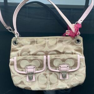 Coach Poppy Sateen Hippie Hobo Shoulder and Crossbody Bag Pink Signature Print